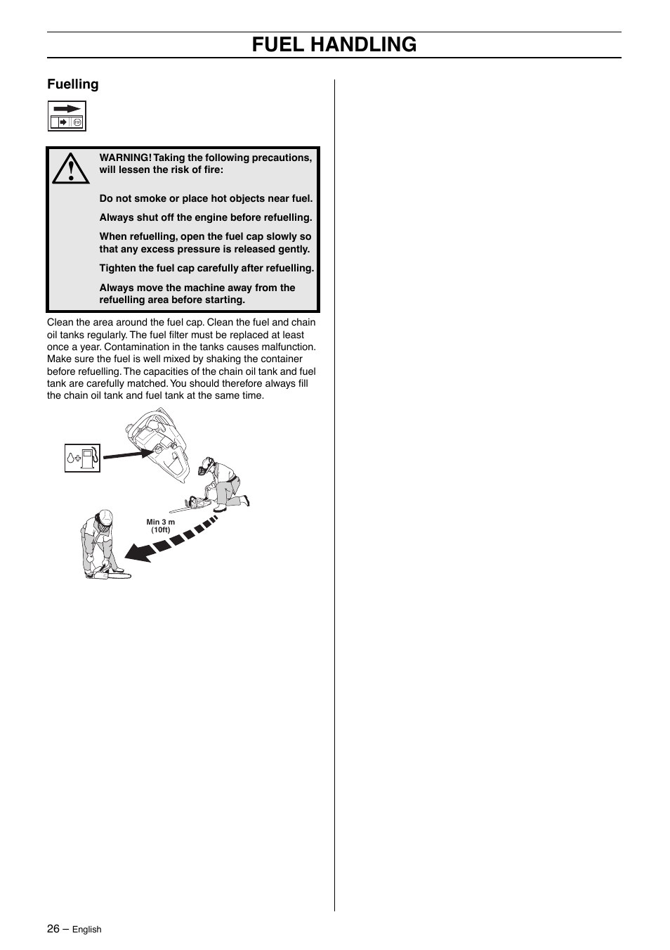 Fuelling, Fuel handling | Husqvarna 385XP User Manual | Page 26 / 40