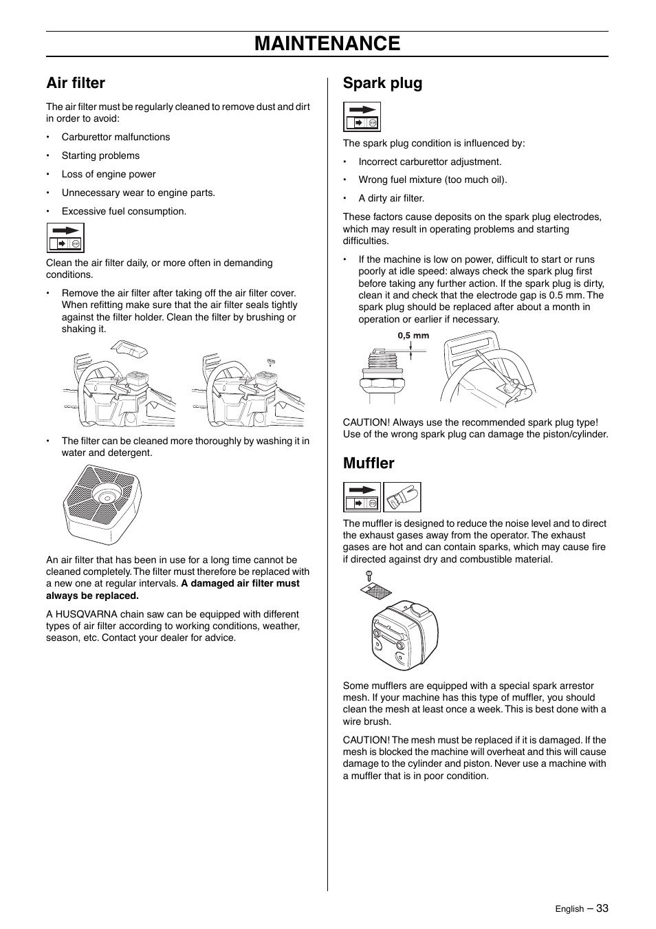 Air filter, Spark plug, Muffler | Maintenance | Husqvarna 385XP User Manual | Page 33 / 40