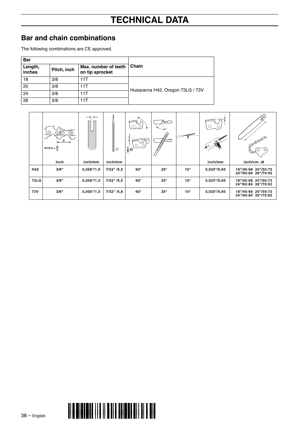 Bar and chain combinations, Z+h<@¶6e, Technical data | Husqvarna 385XP User Manual | Page 38 / 40