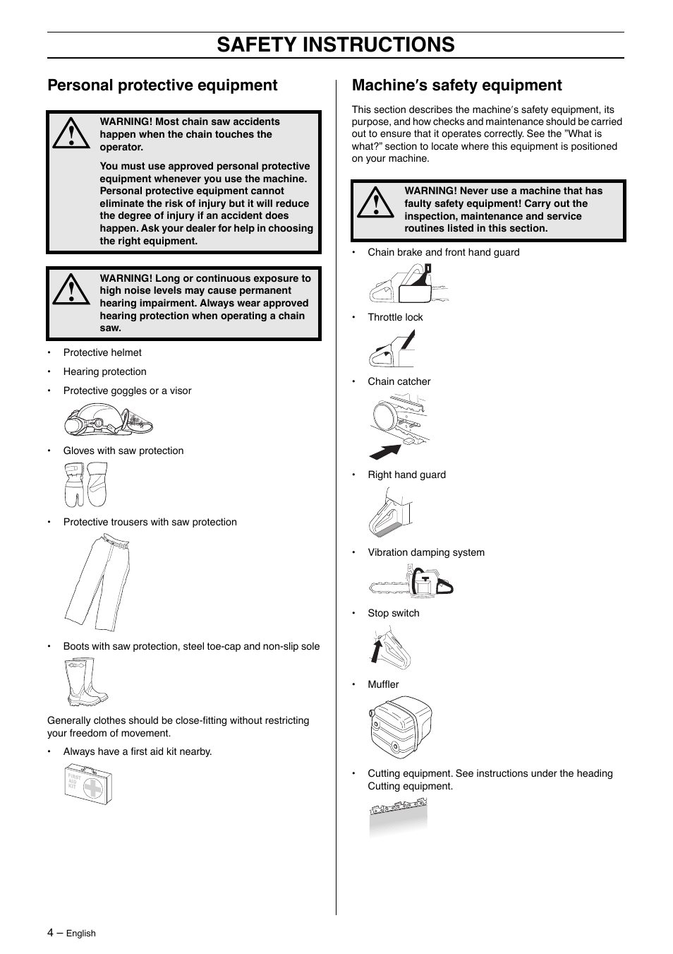 Personal protective equipment, Machine¢s safety equipment, Safety instructions | Machine ′′′′ s safety equipment | Husqvarna 385XP User Manual | Page 4 / 40