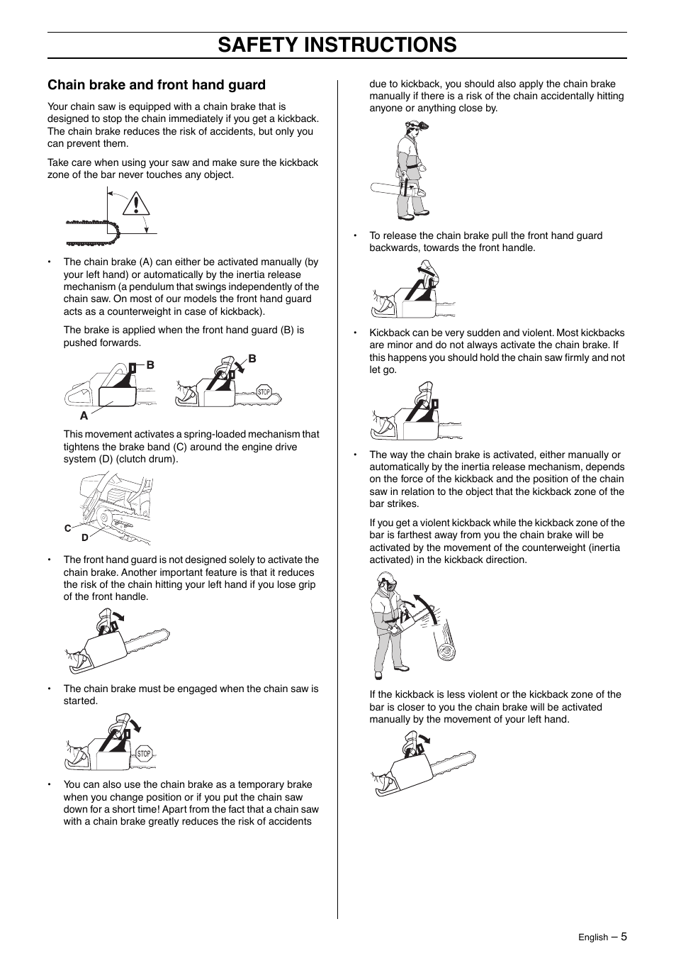 Chain brake and front hand guard, Safety instructions | Husqvarna 385XP User Manual | Page 5 / 40