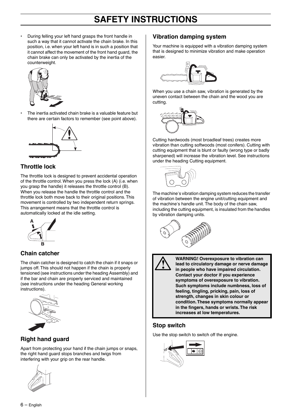 Throttle lock, Chain catcher, Right hand guard | Vibration damping system, Stop switch, Safety instructions | Husqvarna 385XP User Manual | Page 6 / 40