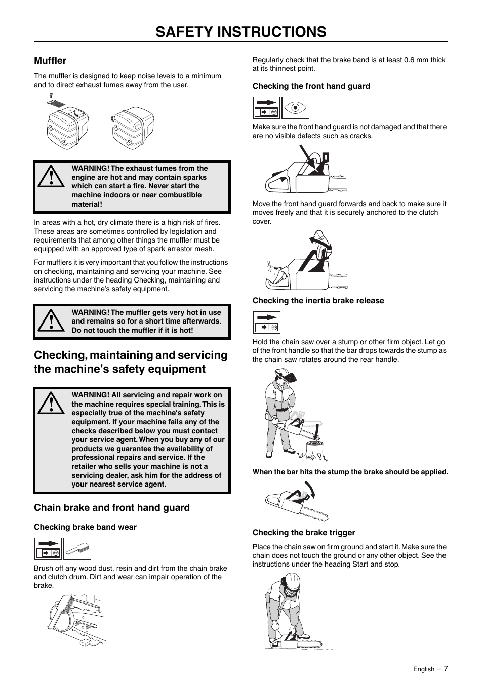 Muffler, Chain brake and front hand guard, Safety instructions | Husqvarna 385XP User Manual | Page 7 / 40