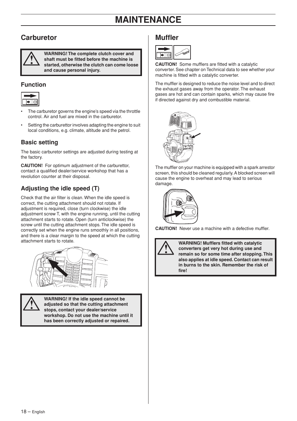 Carburetor, Function, Basic setting | Adjusting the idle speed (t), Muffler, Maintenance | Husqvarna 324L User Manual | Page 18 / 32