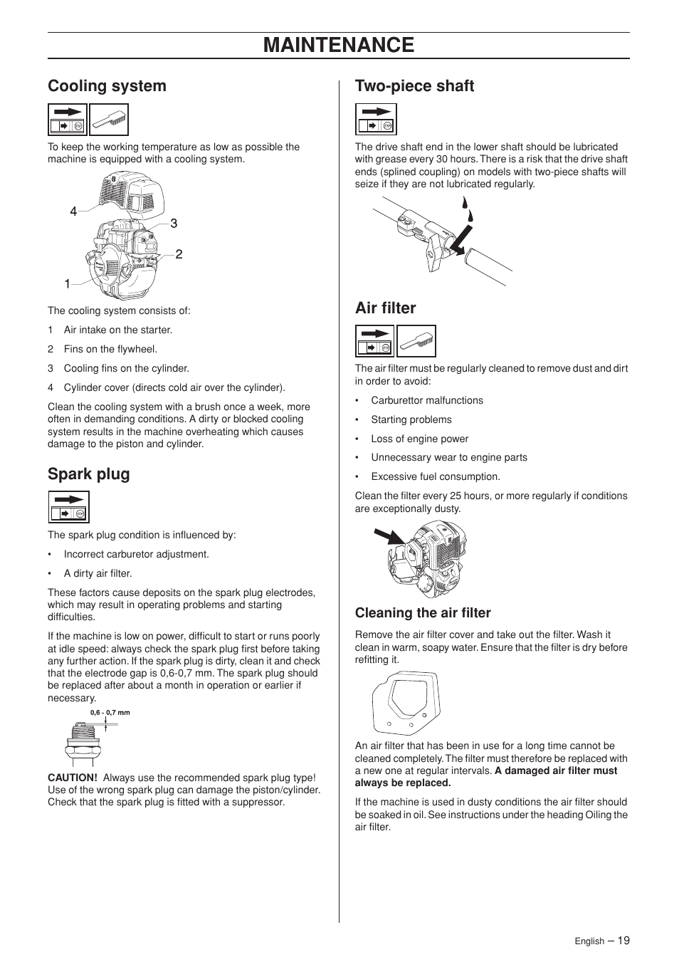 Cooling system, Spark plug, Two-piece shaft | Air filter, Cleaning the air filter, Maintenance | Husqvarna 324L User Manual | Page 19 / 32