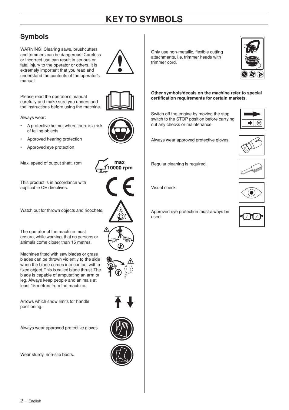 Symbols, Key t o symbols | Husqvarna 324L User Manual | Page 2 / 32