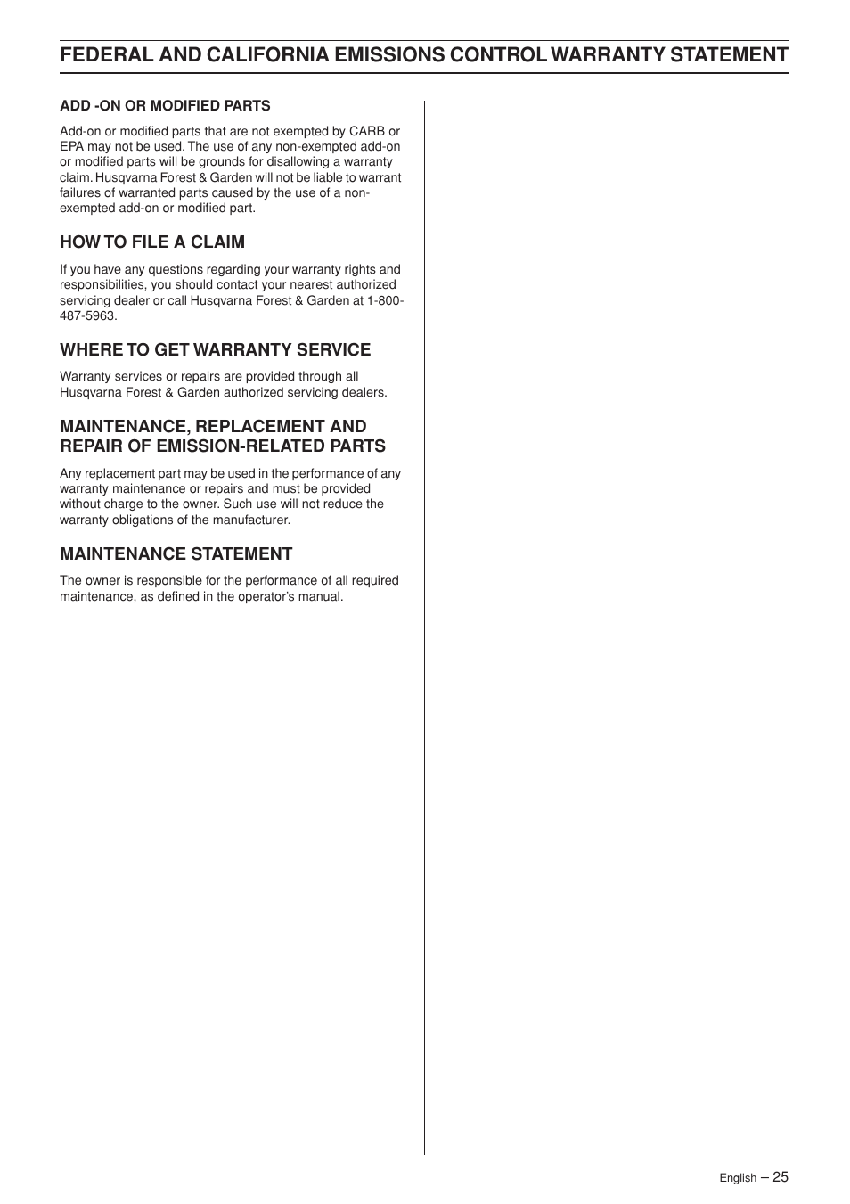 How to file a claim, Where to get warranty service, Maintenance statement | Husqvarna 324L User Manual | Page 25 / 32