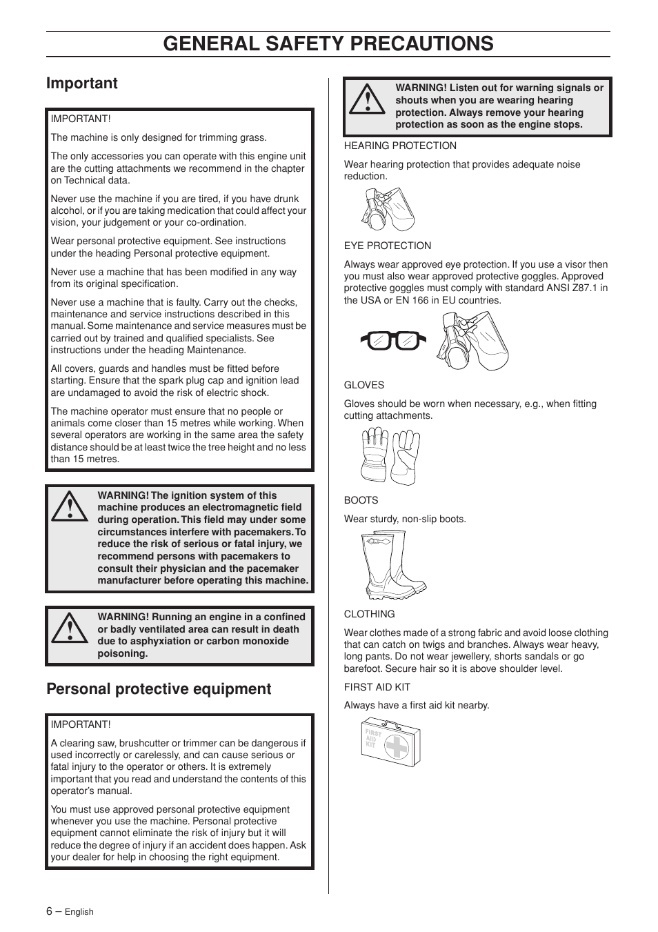 Important, Personal protective equipment, General safety preca utions | Impor tant personal protective equipment | Husqvarna 324L User Manual | Page 6 / 32