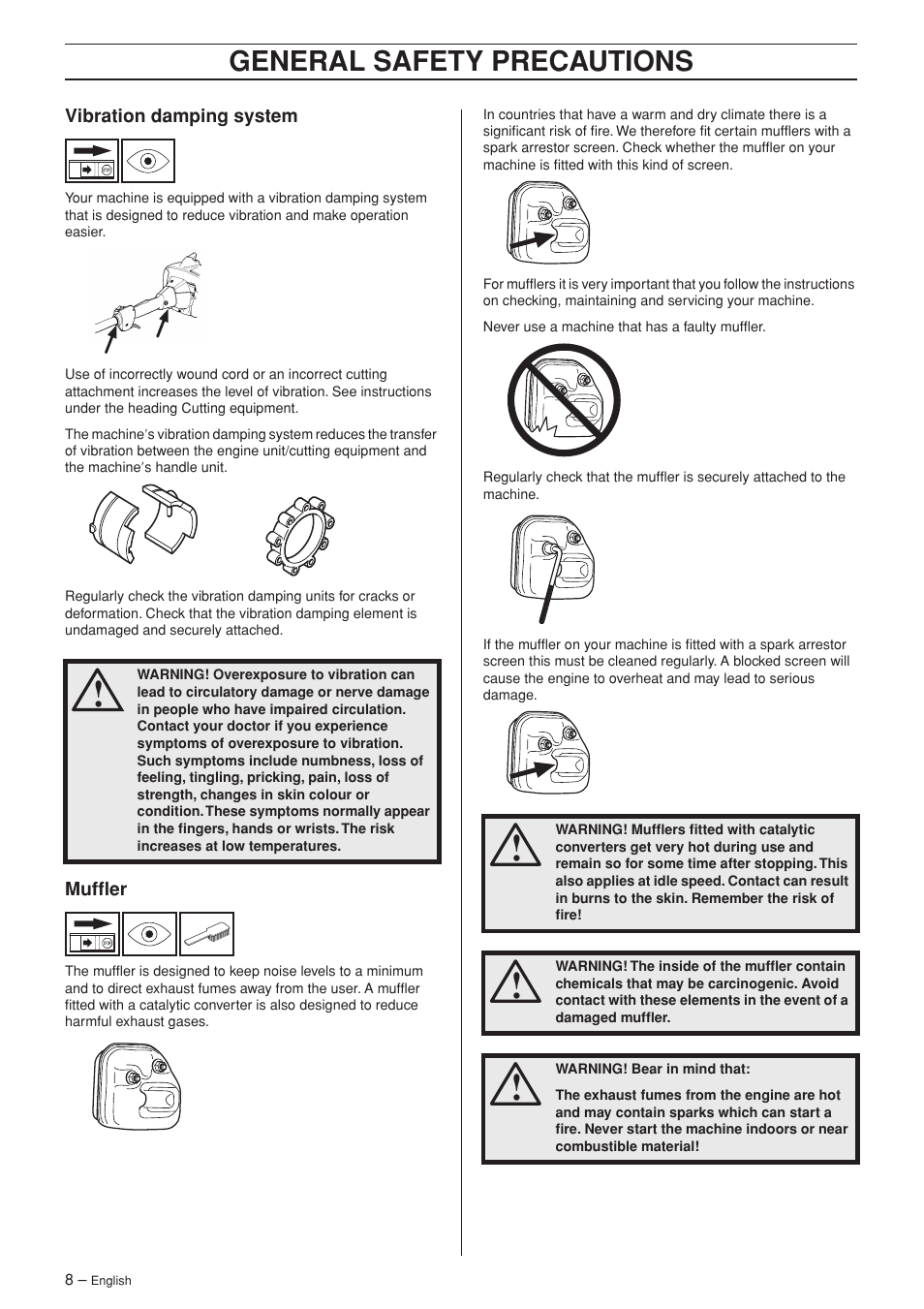 Vibration damping system, Muffler, General safety preca utions | Husqvarna 324L User Manual | Page 8 / 32