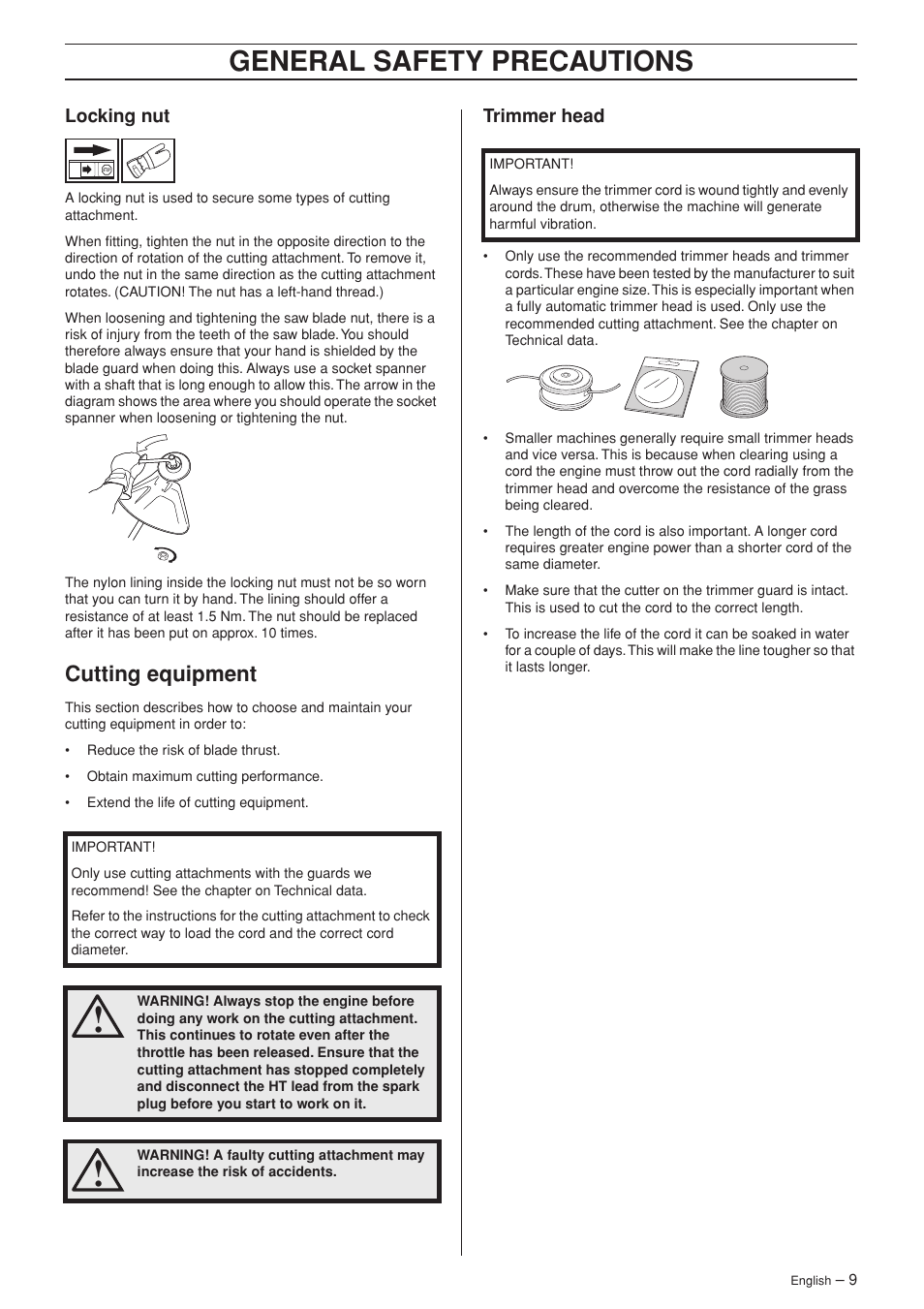 Locking nut, Cutting equipment, Trimmer head | General safety precautions | Husqvarna 324L User Manual | Page 9 / 32