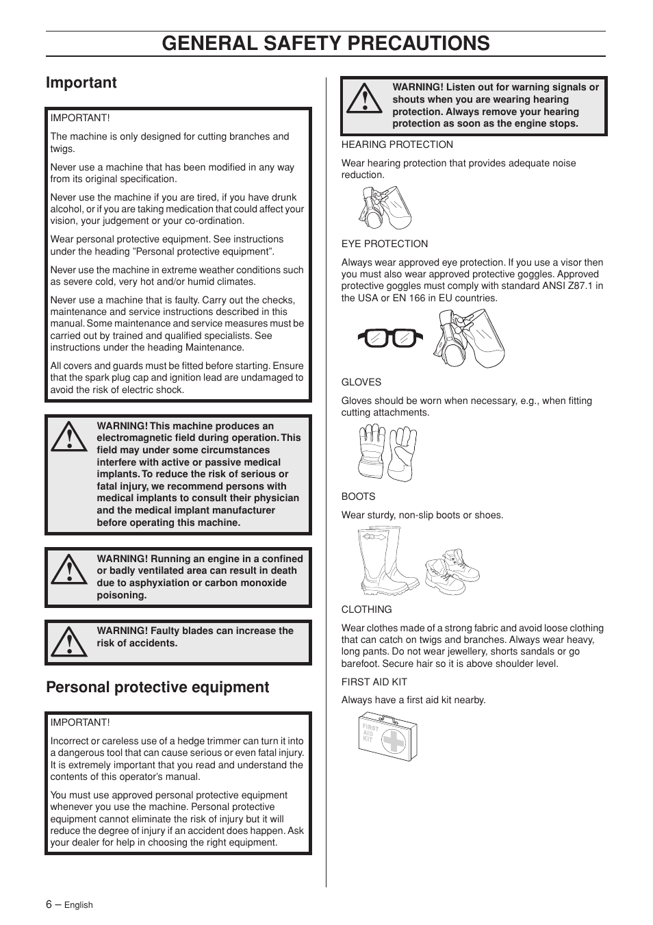 Important, Personal protective equipment, General safety preca utions | Impor tant personal protective equipment | Husqvarna Hedge Trimmer 123HD60 User Manual | Page 6 / 24