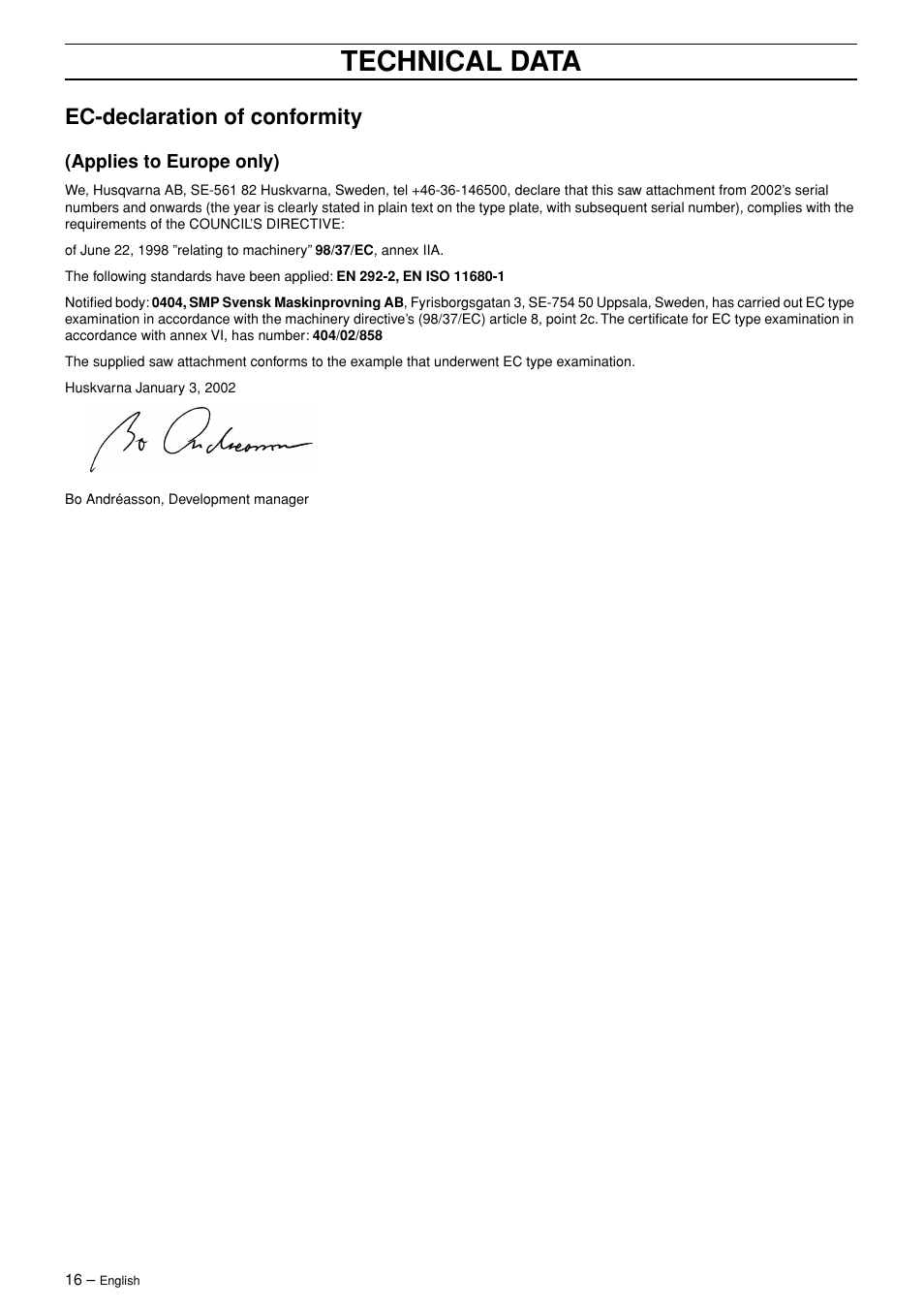 Technical data, Ec-declaration of conformity | Husqvarna PA 1100 User Manual | Page 16 / 17