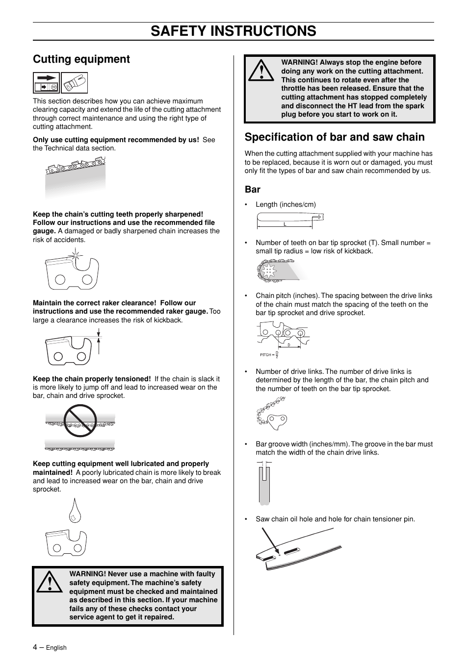 Safety instructions, Cutting equipment, Specification of bar and saw chain | Husqvarna PA 1100 User Manual | Page 4 / 17