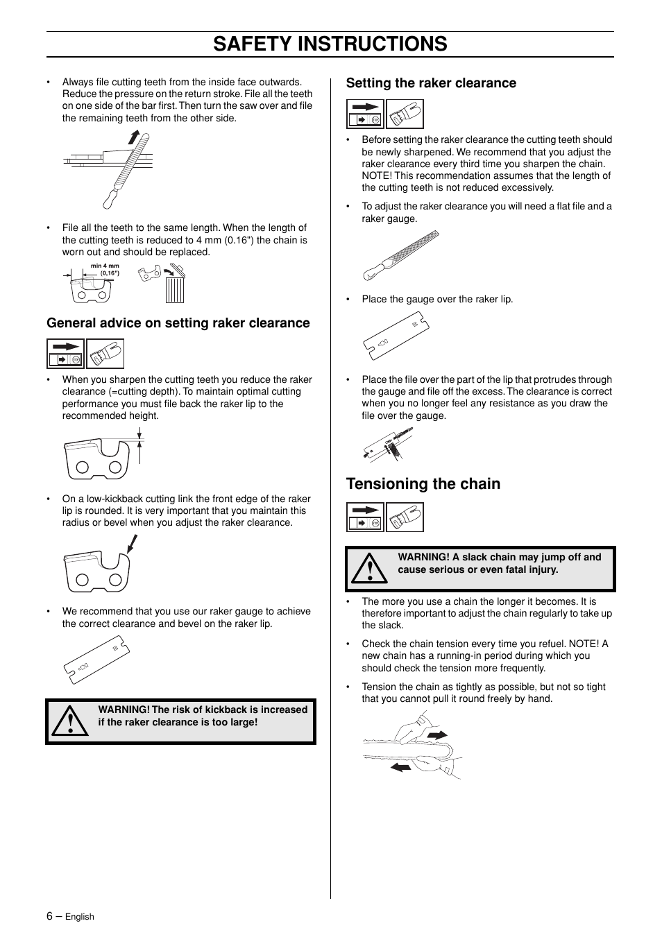 Safety instructions, Tensioning the chain | Husqvarna PA 1100 User Manual | Page 6 / 17