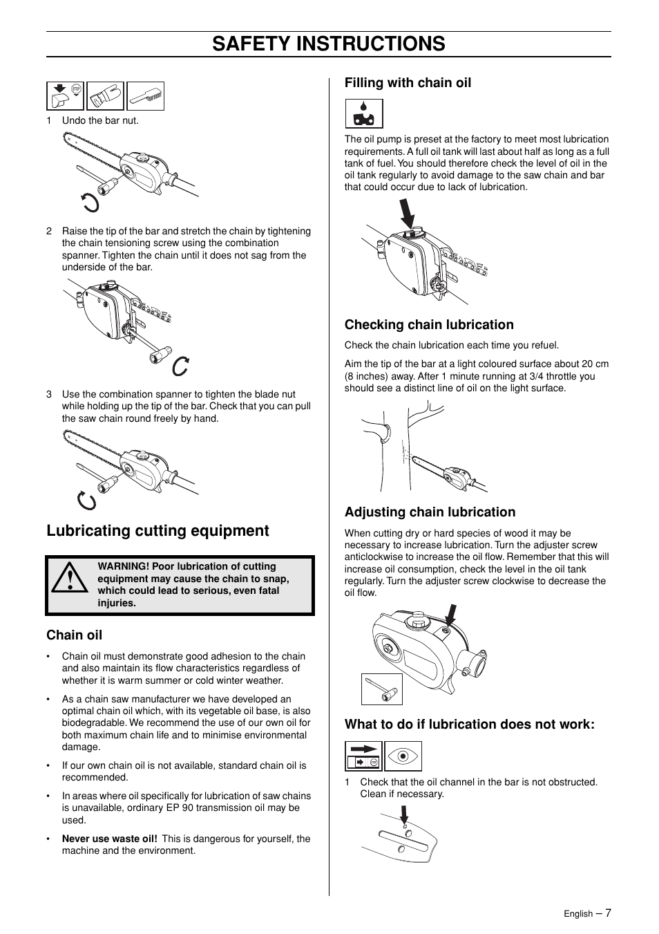 Safety instructions, Lubricating cutting equipment | Husqvarna PA 1100 User Manual | Page 7 / 17