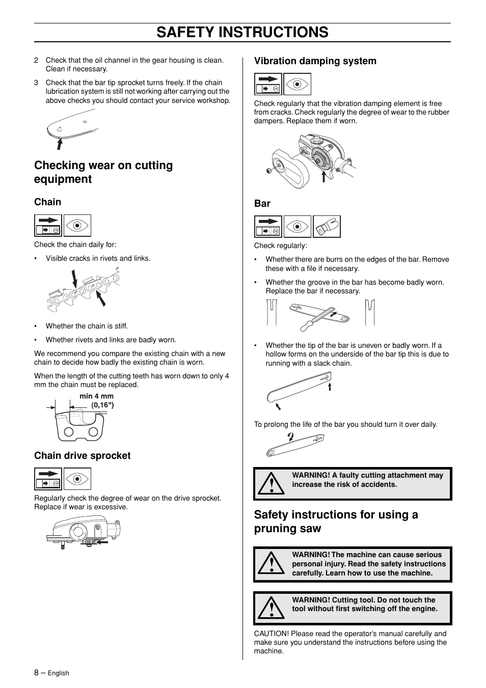 Safety instructions, Checking wear on cutting equipment, Safety instructions for using a pruning saw | Husqvarna PA 1100 User Manual | Page 8 / 17