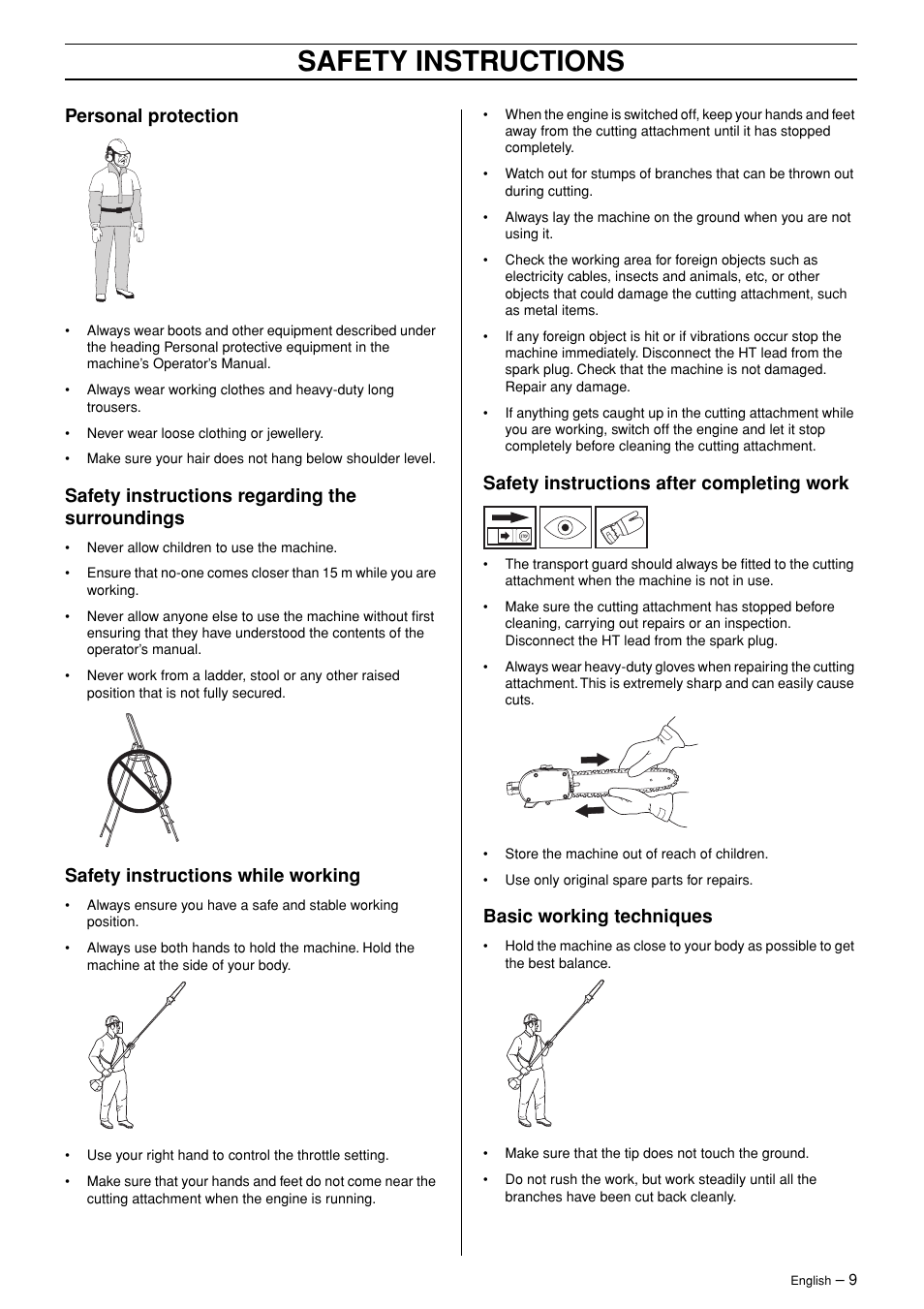 Safety instructions, Personal protection, Safety instructions regarding the surroundings | Safety instructions while working, Safety instructions after completing work, Basic working techniques | Husqvarna PA 1100 User Manual | Page 9 / 17