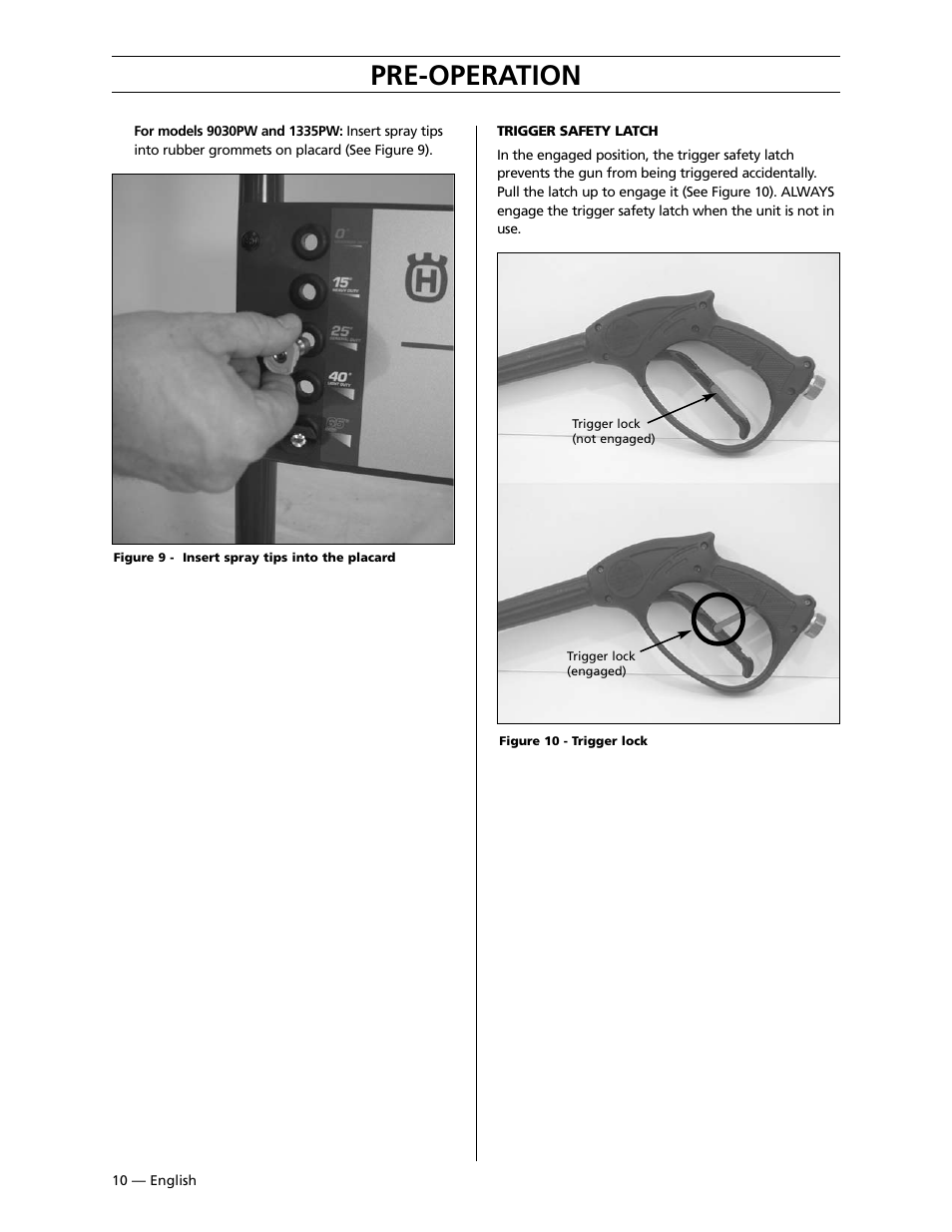 Pre-operation | Husqvarna 9030PW User Manual | Page 11 / 30