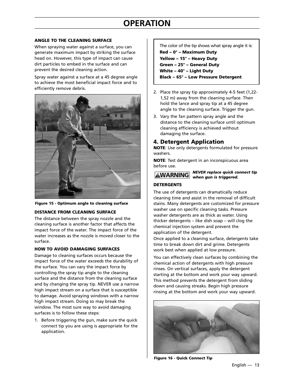 Operation, Warning, Detergent application | Husqvarna 9030PW User Manual | Page 14 / 30