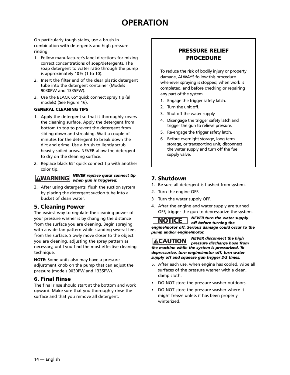 Operation, Notice, Caution | Warning | Husqvarna 9030PW User Manual | Page 15 / 30