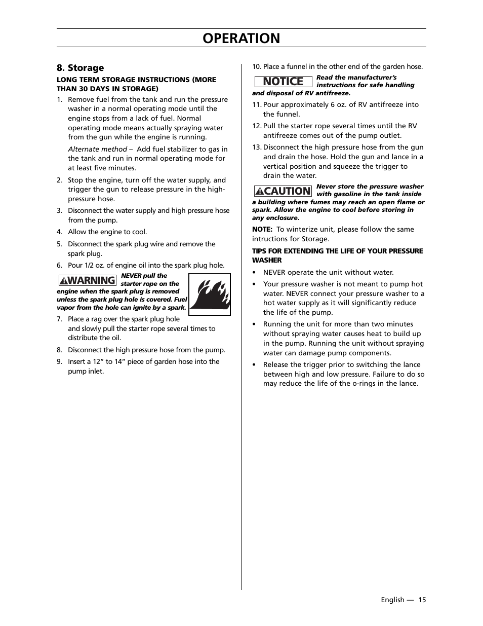 Operation, Notice, Caution | Warning, Storage | Husqvarna 9030PW User Manual | Page 16 / 30