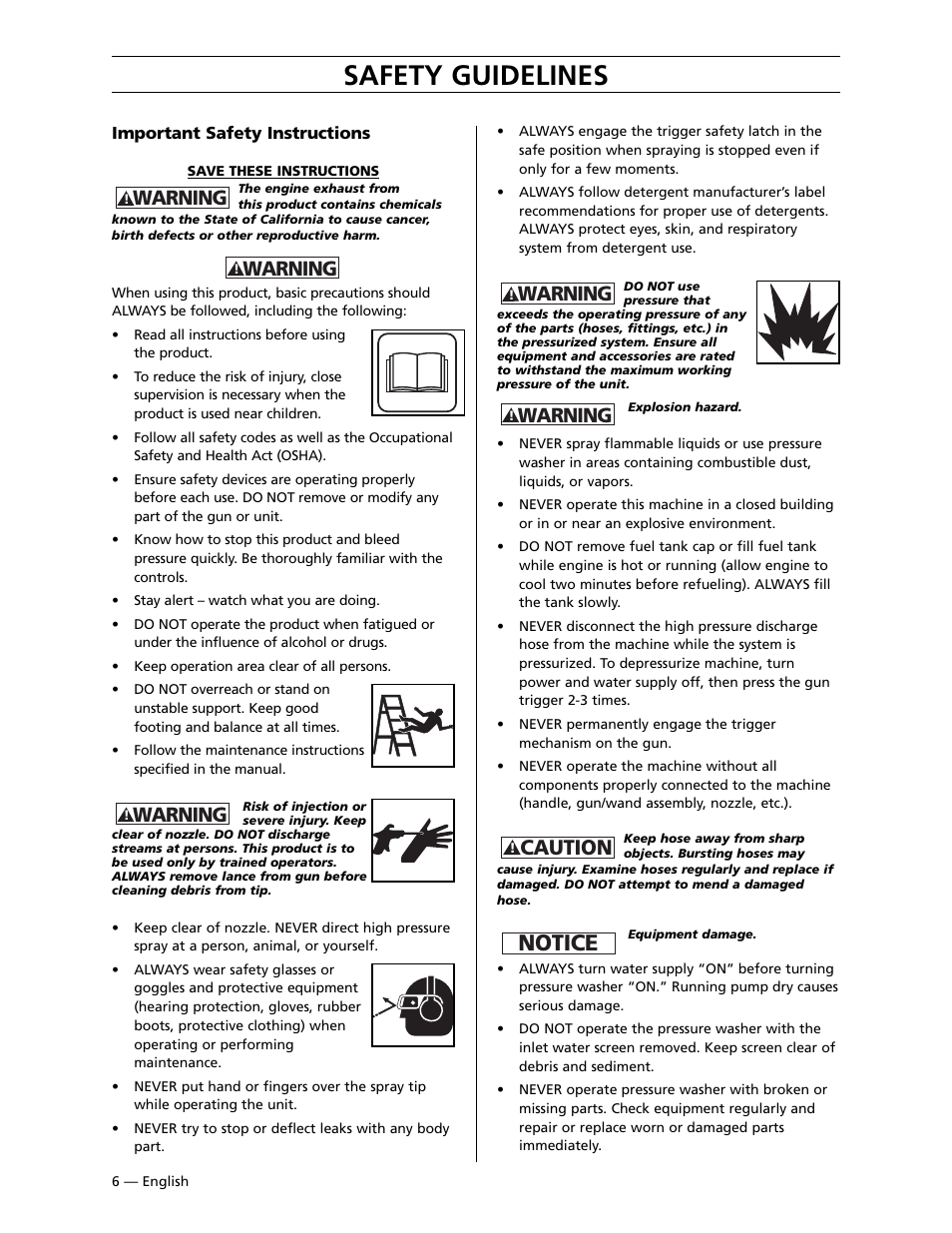 Safety guidelines, Notice, Caution | Warning | Husqvarna 9030PW User Manual | Page 7 / 30