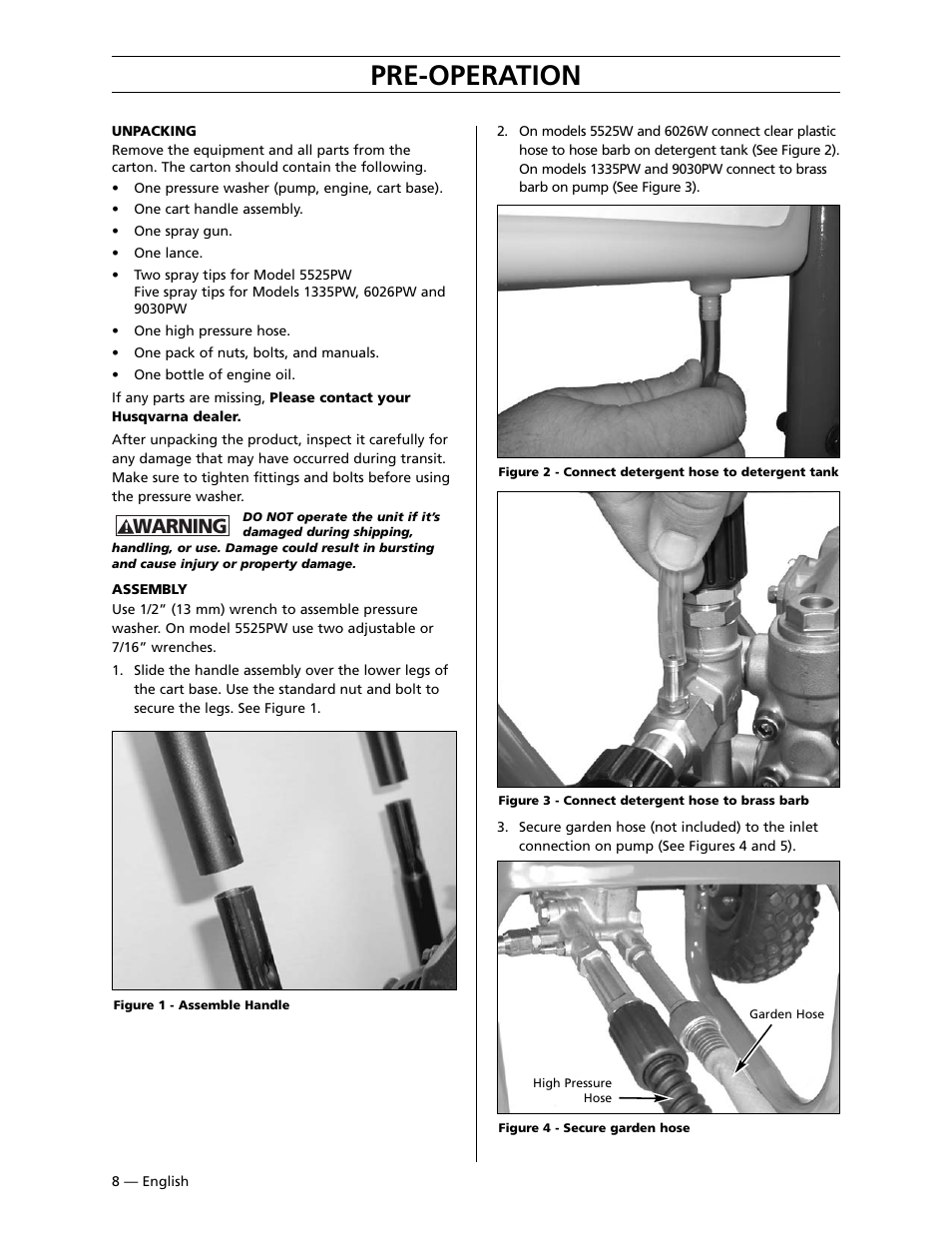 Pre-operation, Warning | Husqvarna 9030PW User Manual | Page 9 / 30