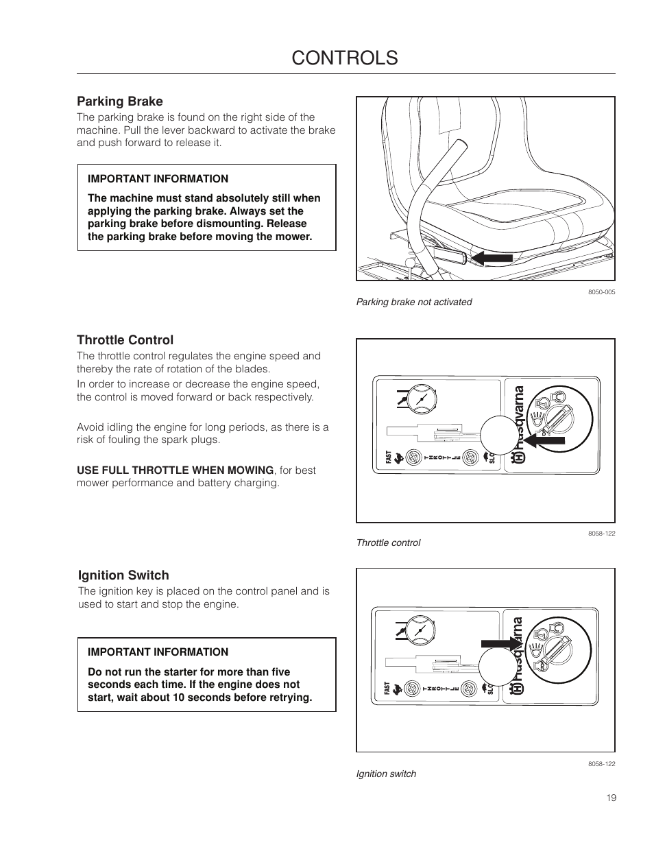 Parking brake, Throttle control, Ignition switch | Controls | Husqvarna 966582101 User Manual | Page 19 / 56