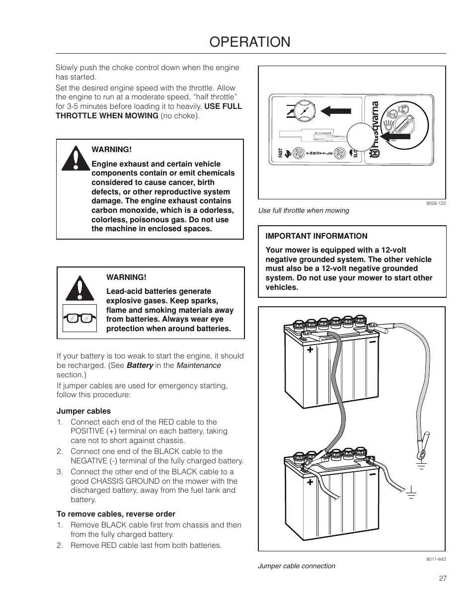 Jumper cables, Operation | Husqvarna 966582101 User Manual | Page 27 / 56