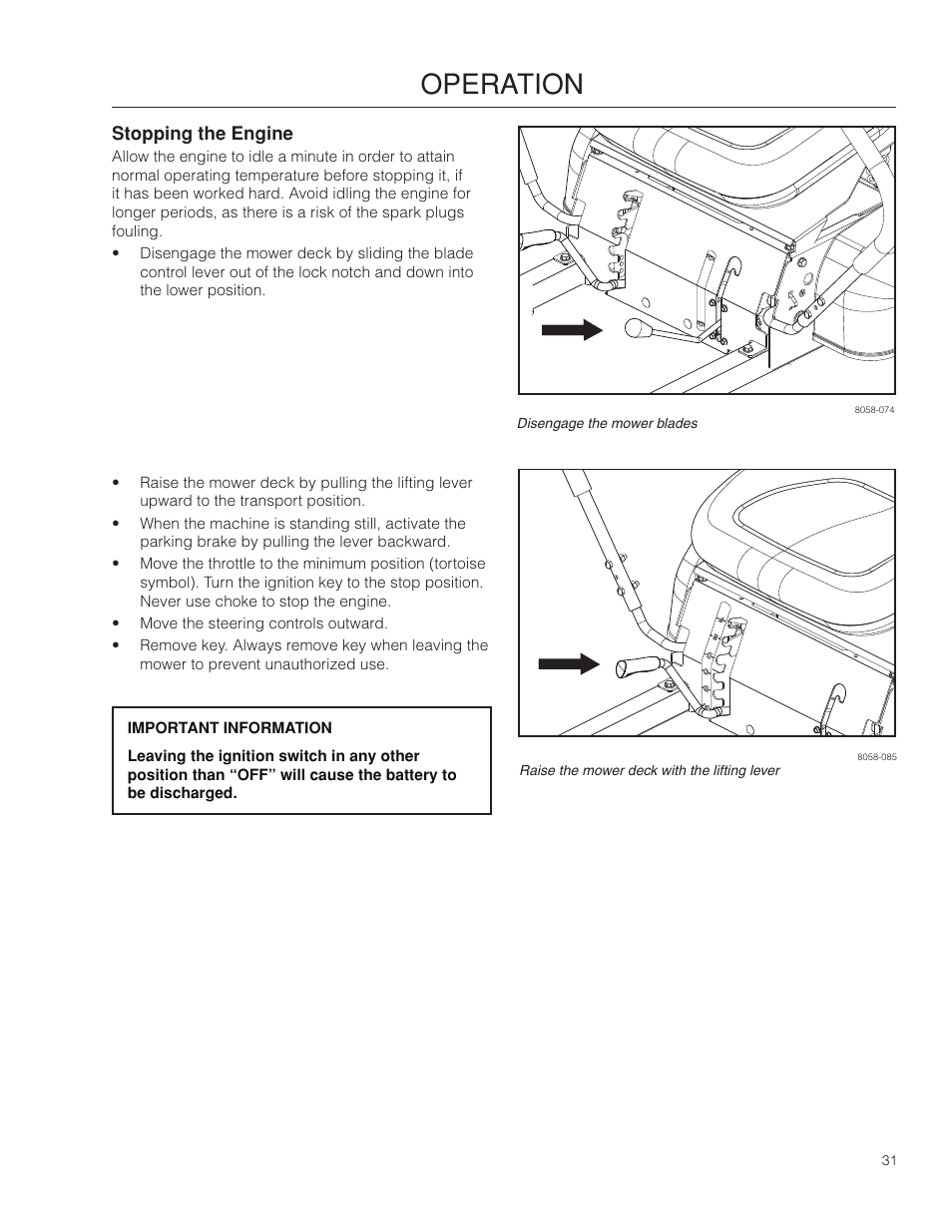 Stopping the engine, Operation | Husqvarna 966582101 User Manual | Page 31 / 56