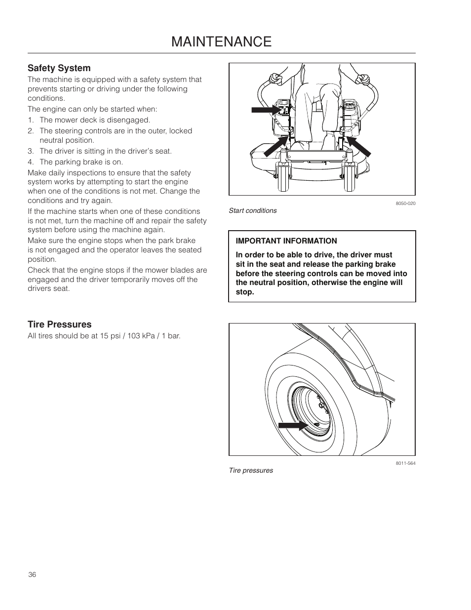 Safety system, Tire pressures, Maintenance | Husqvarna 966582101 User Manual | Page 36 / 56