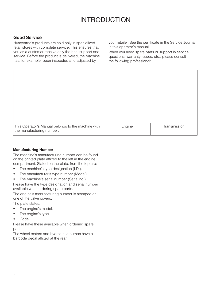 Good service, Manufacturing number, Introduction | Husqvarna 966582101 User Manual | Page 6 / 56