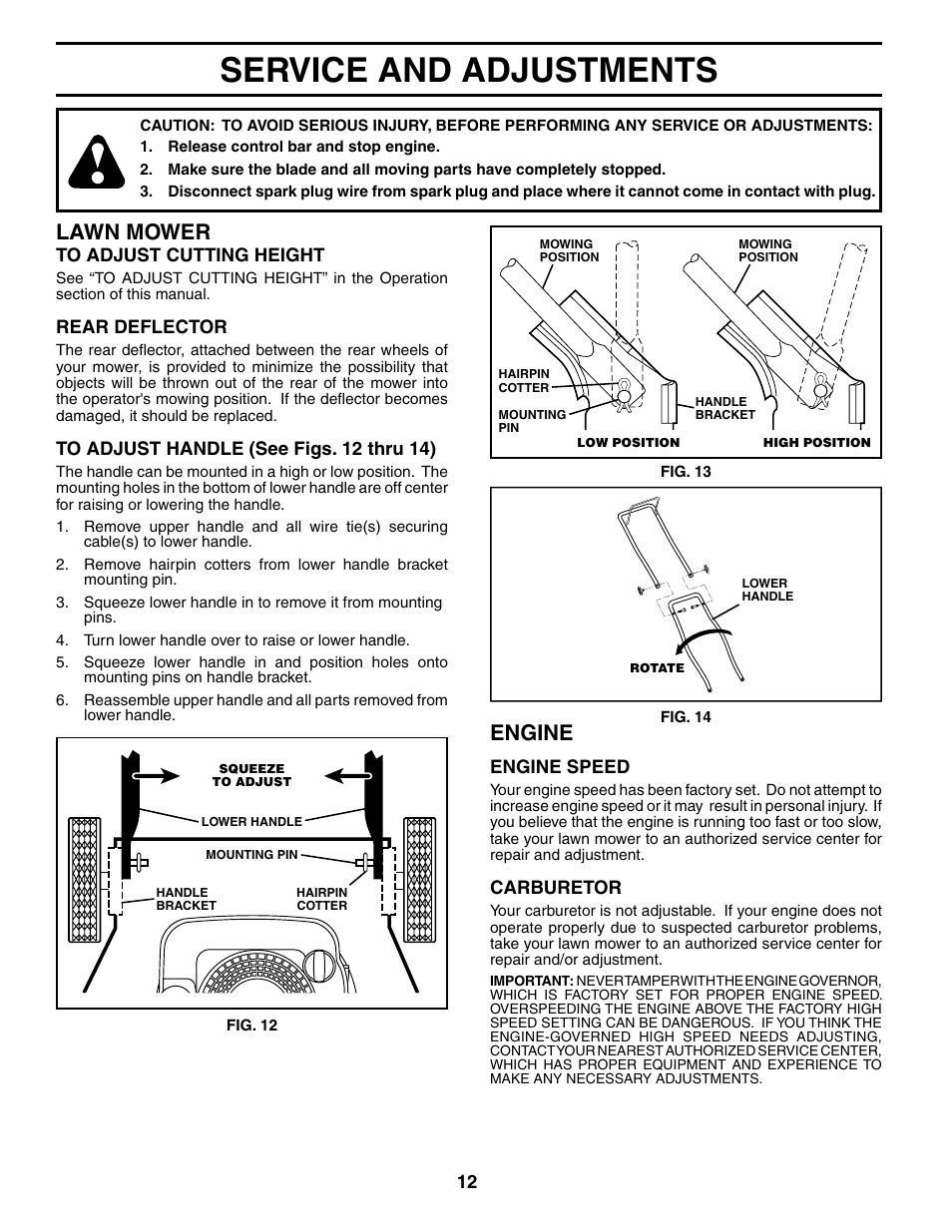 Service/ adjustments, Service and adjustments, Lawn mower | Engine | Husqvarna 7021CP User Manual | Page 12 / 18