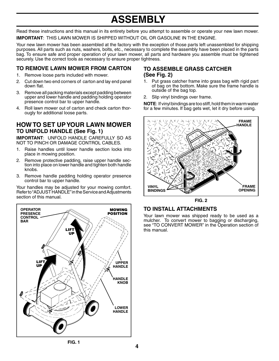 Assembly, How to set up your lawn mow er | Husqvarna 7021CP User Manual | Page 4 / 18