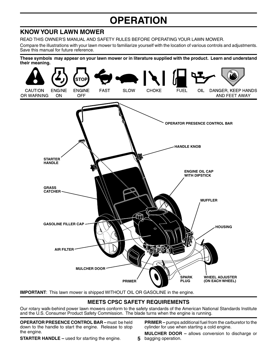 Operation, Know your lawn mower | Husqvarna 7021CP User Manual | Page 5 / 18