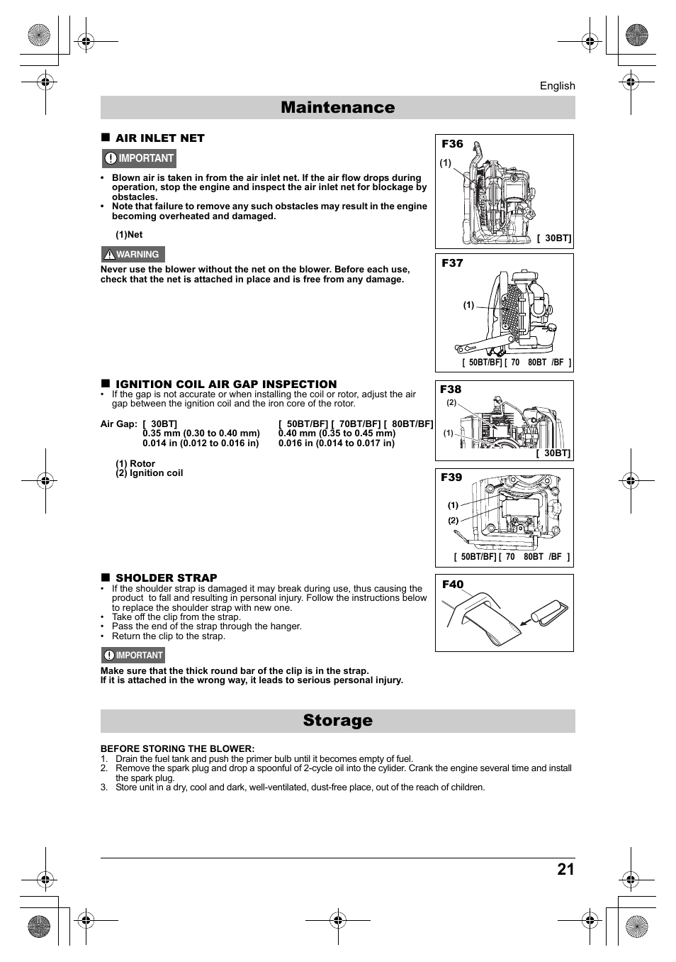 Storage, Maintenance | Husqvarna 330BT User Manual | Page 21 / 22