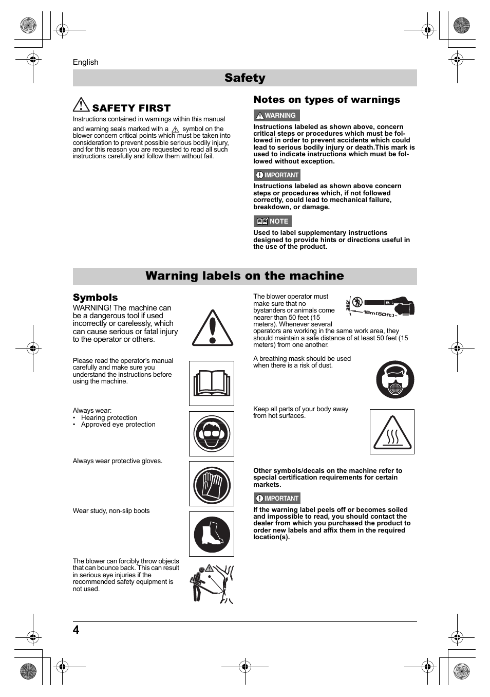 Warning labels on the machine safety, Safety first, Symbols | Husqvarna 330BT User Manual | Page 4 / 22