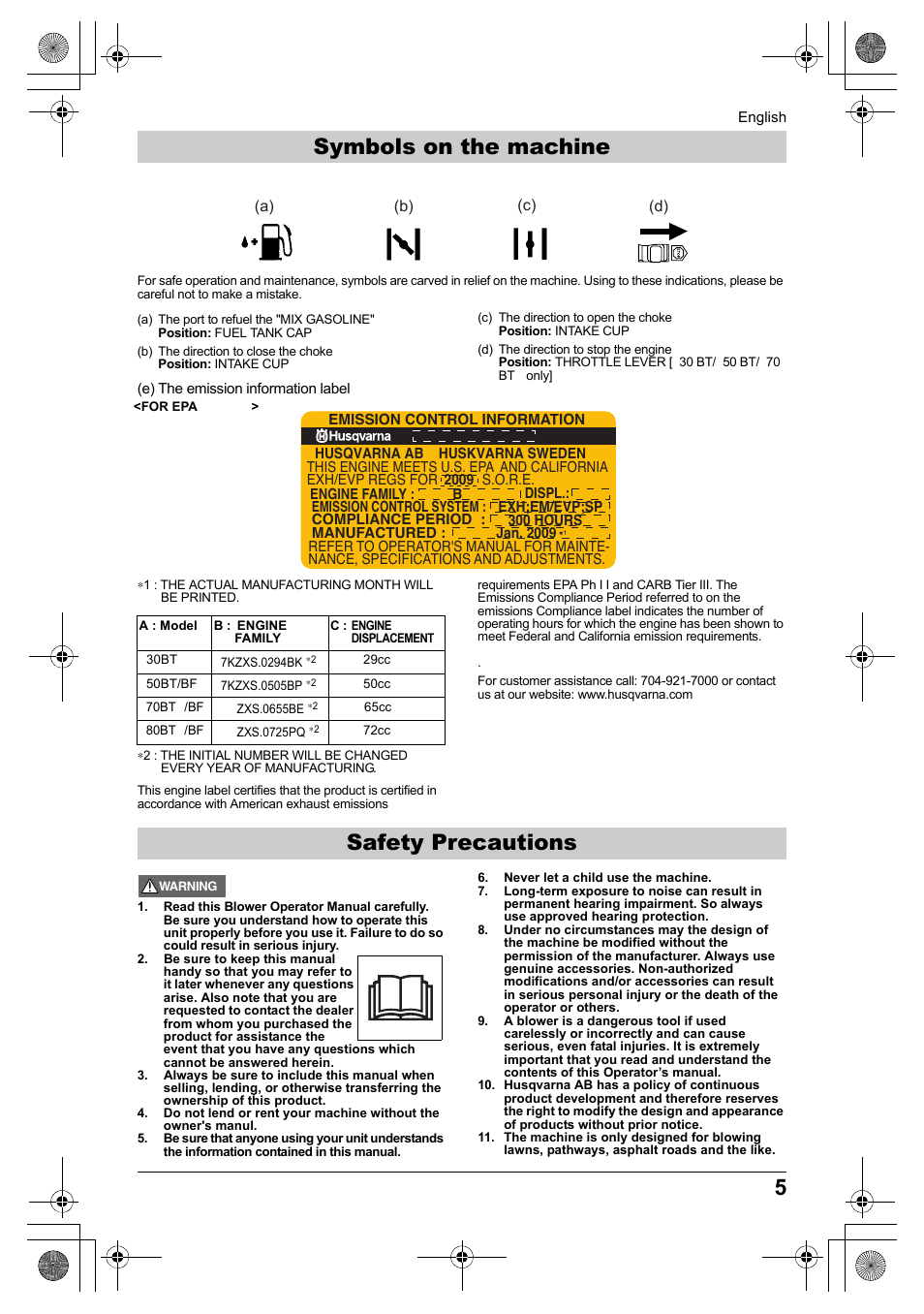 Safety precautions symbols on the machine | Husqvarna 330BT User Manual | Page 5 / 22