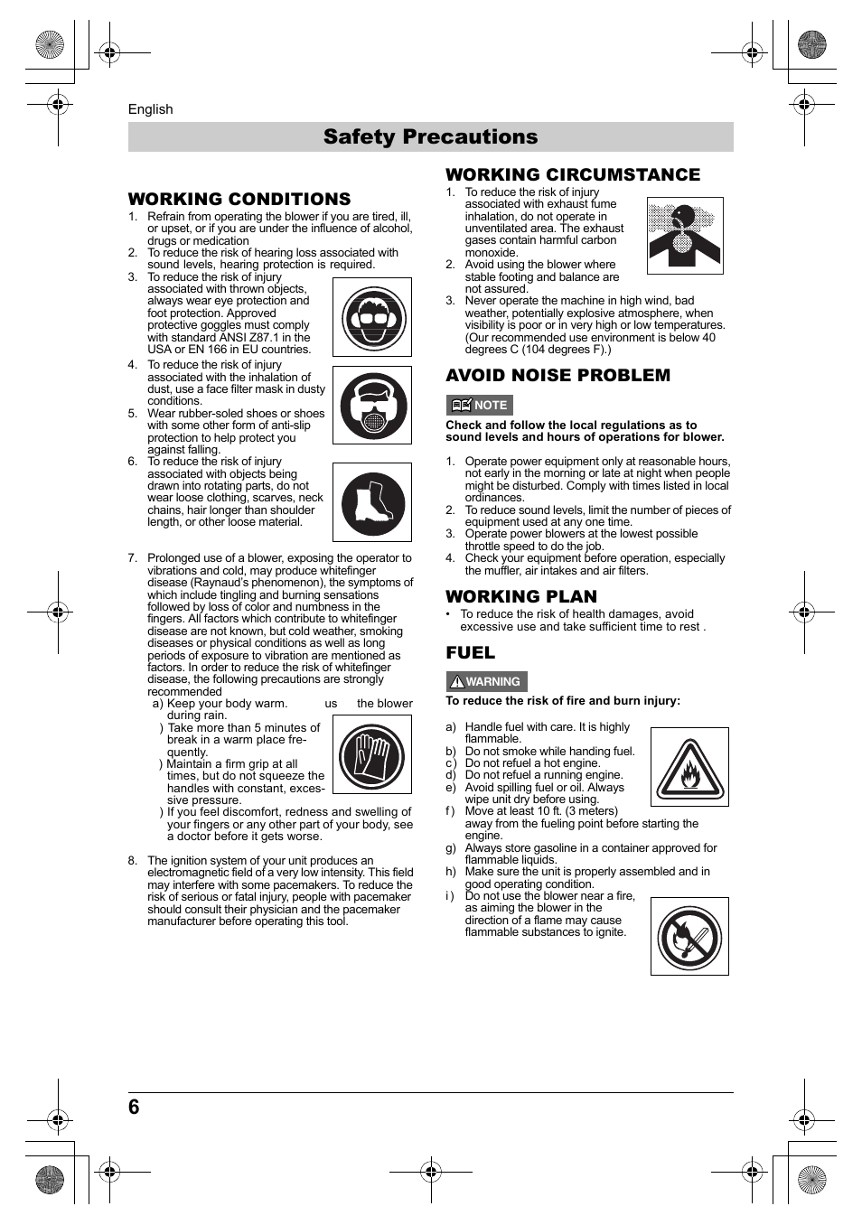 Safety precautions, Working conditions, Working circumstance | Avoid noise problem, Working plan, Fuel | Husqvarna 330BT User Manual | Page 6 / 22