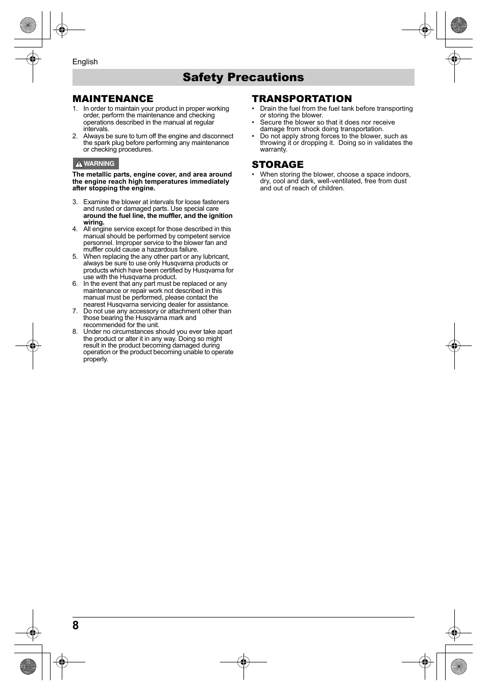 Safety precautions, Maintenance, Transportation | Storage | Husqvarna 330BT User Manual | Page 8 / 22