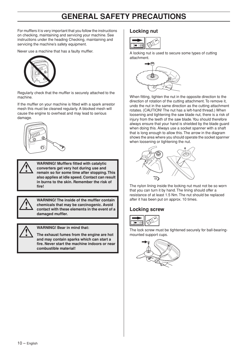 Locking nut, Locking screw, General safety precautions | Husqvarna RS44 User Manual | Page 10 / 40