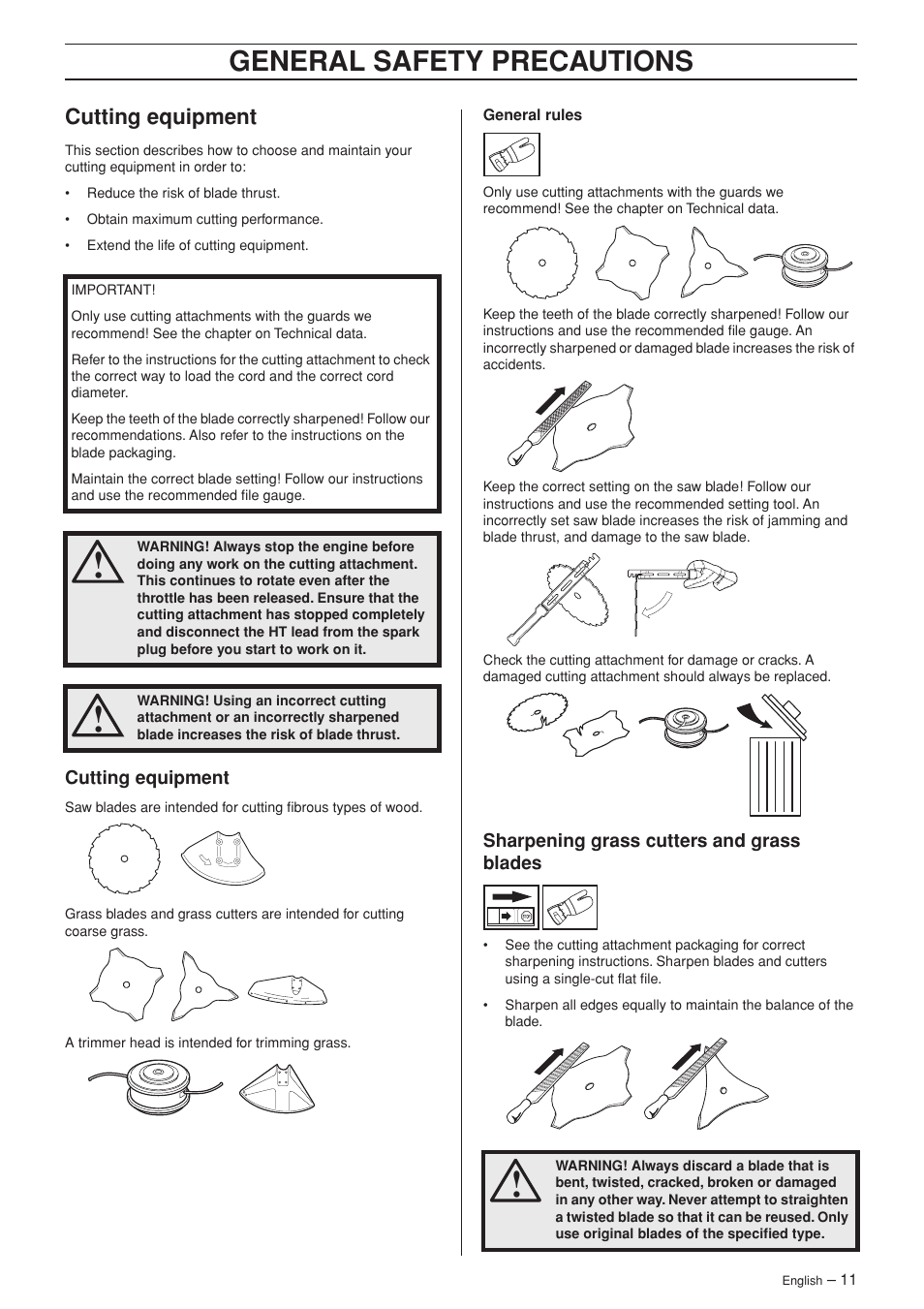 Cutting equipment, Sharpening grass cutters and grass blades, General safety precautions | Husqvarna RS44 User Manual | Page 11 / 40