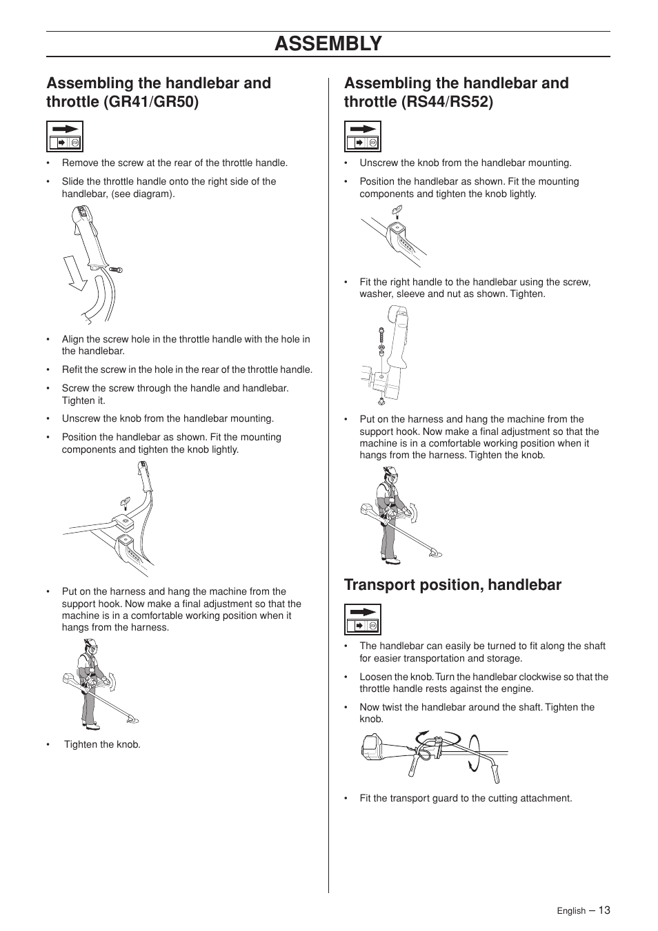 Assembling the handlebar and throttle (gr41/gr50), Assembling the handlebar and throttle (rs44/rs52), Transport position, handlebar | Assembly | Husqvarna RS44 User Manual | Page 13 / 40