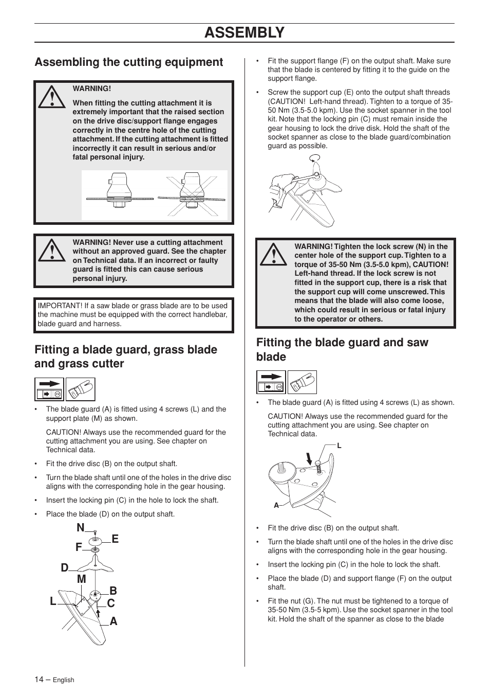 Assembling the cutting equipment, Fitting the blade guard and saw blade, Assembly | Husqvarna RS44 User Manual | Page 14 / 40