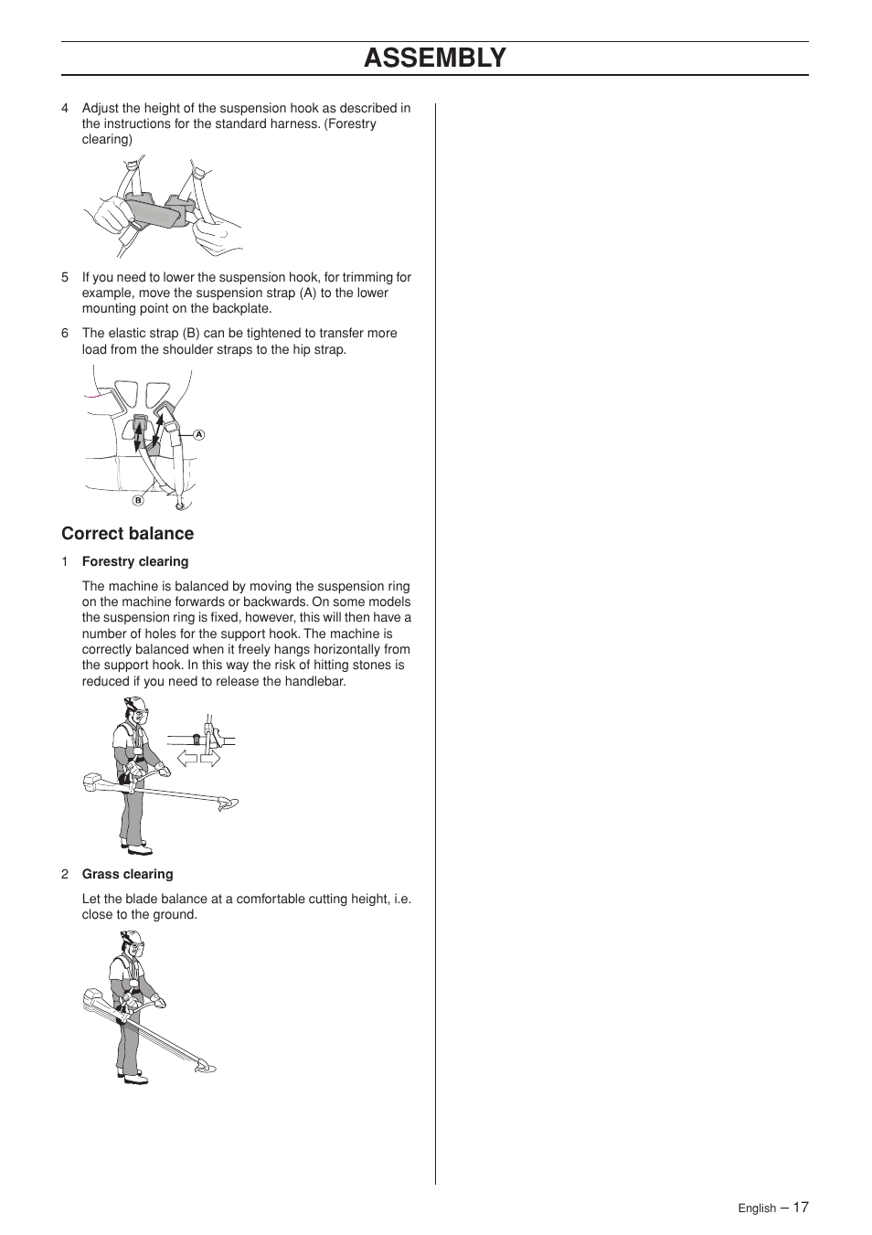 Correct balance, Assembly | Husqvarna RS44 User Manual | Page 17 / 40