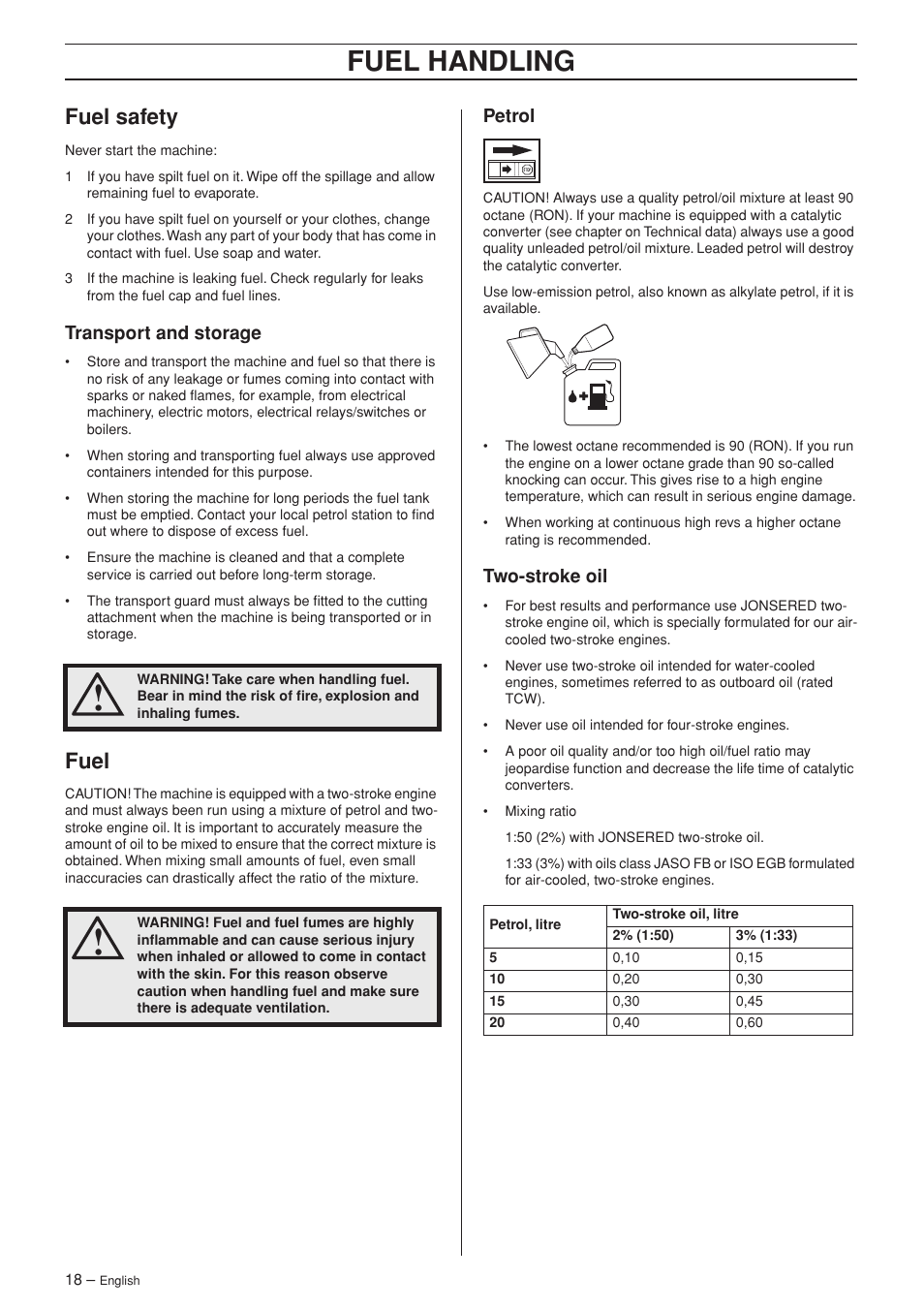 Fuel safety, Transport and storage, Fuel | Petrol, Two-stroke oil, Fuel handling | Husqvarna RS44 User Manual | Page 18 / 40