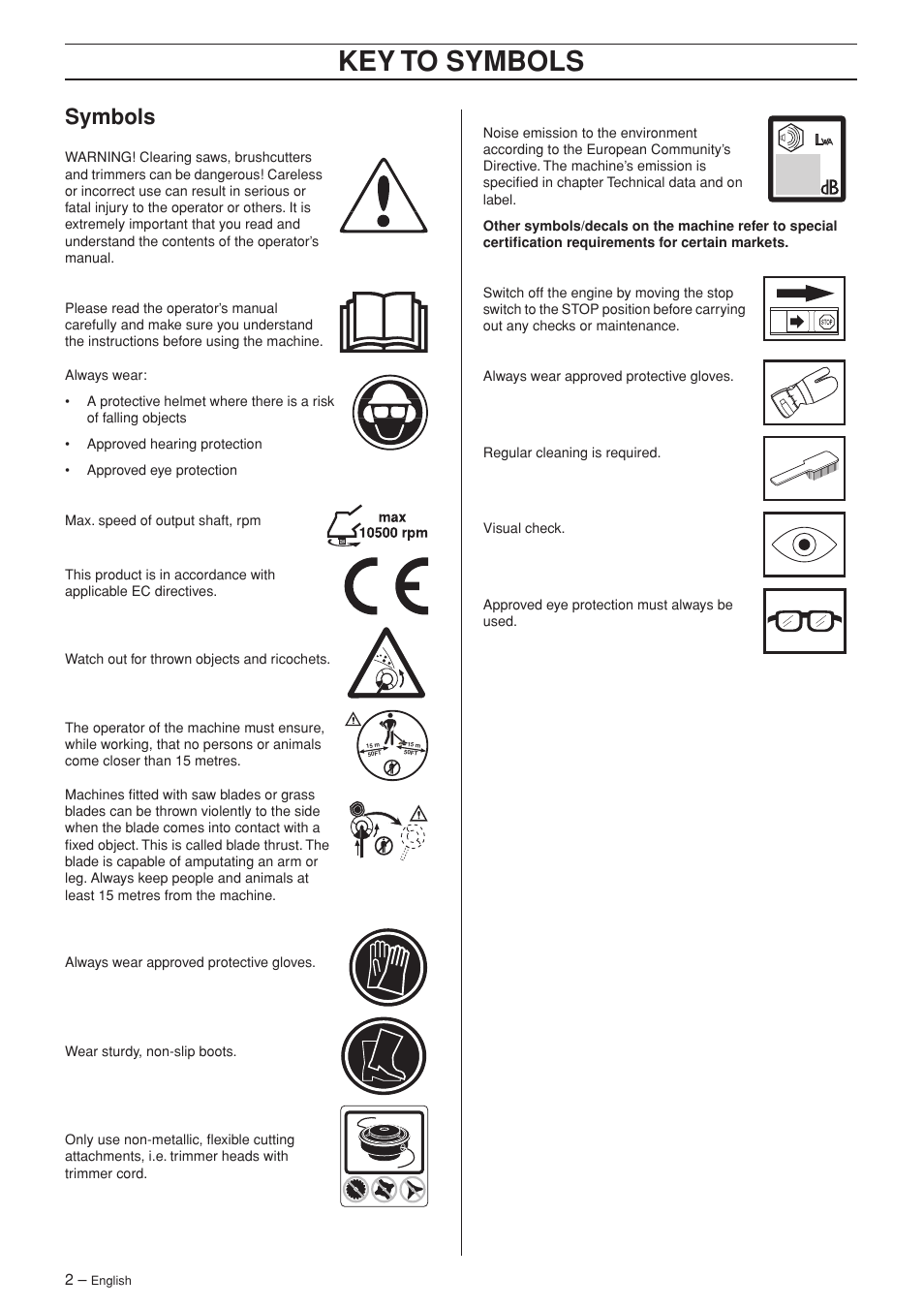 Symbols, Key t o symbols | Husqvarna RS44 User Manual | Page 2 / 40