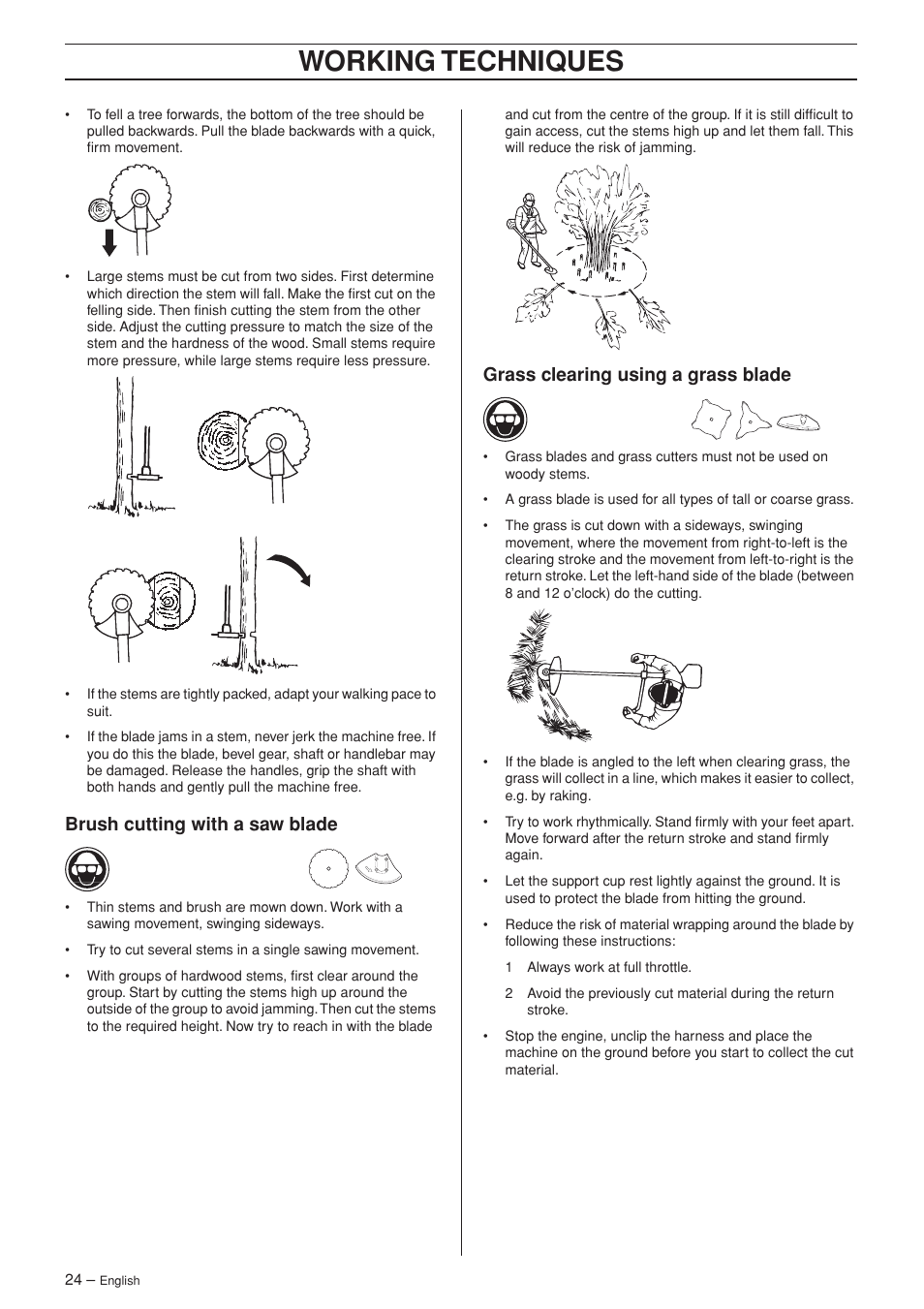 Brush cutting with a saw blade, Grass clearing using a grass blade, Working techniques | Husqvarna RS44 User Manual | Page 24 / 40