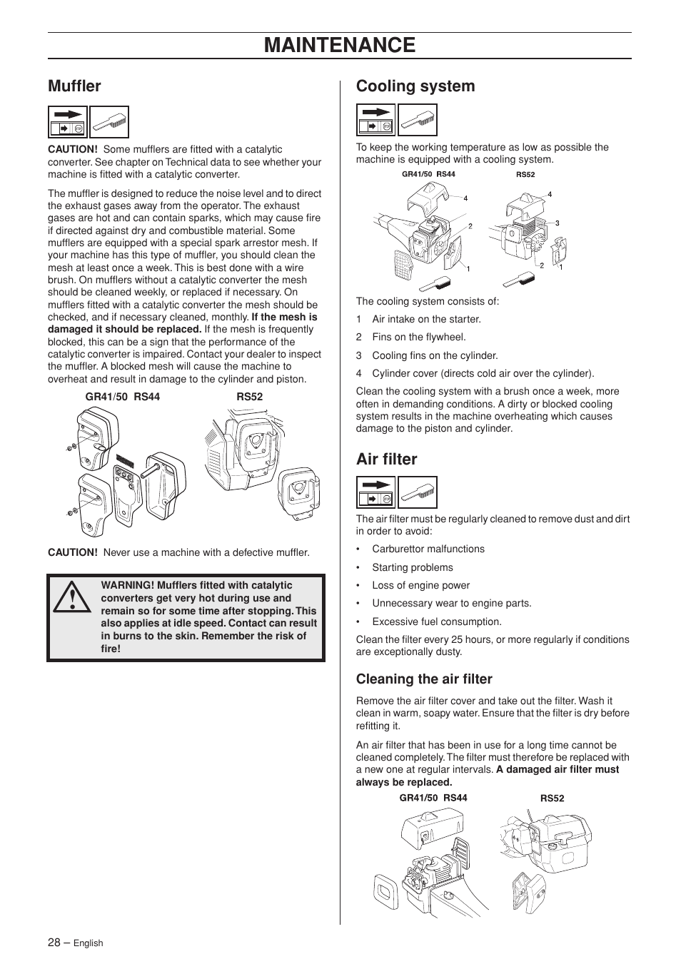 Muffler, Cooling system, Air filter | Cleaning the air filter, Maintenance | Husqvarna RS44 User Manual | Page 28 / 40