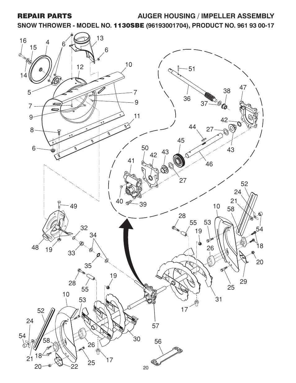 Repair parts, Auger assm / impeller assm | Husqvarna 1130SBE User Manual | Page 20 / 32